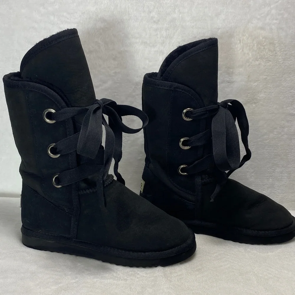 UGG Australia Black‎ Suede Sheepskin Boots Sherpa Lace Up Women Size 7